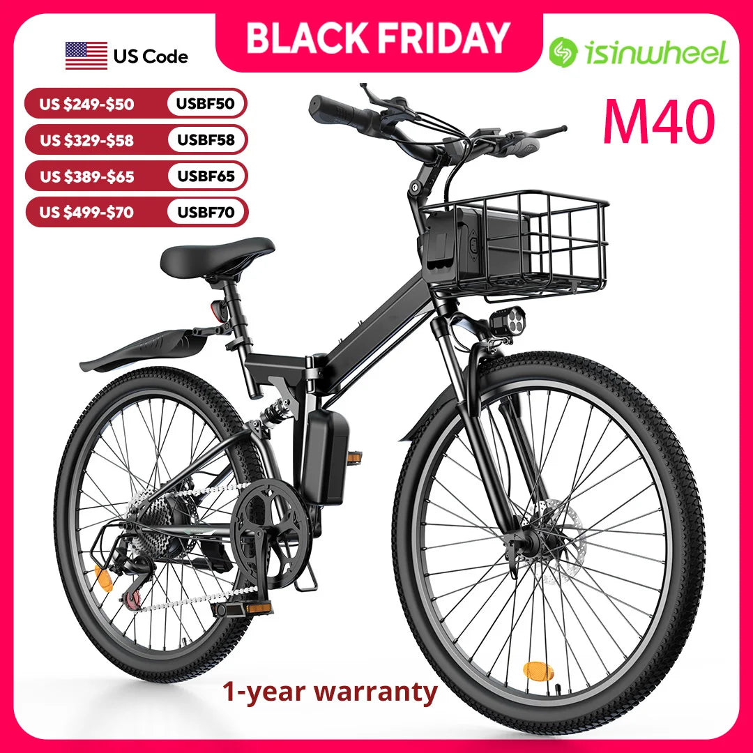 Isinwheel M40 Folding Electric Bike 36V 10Ah 500W Basket