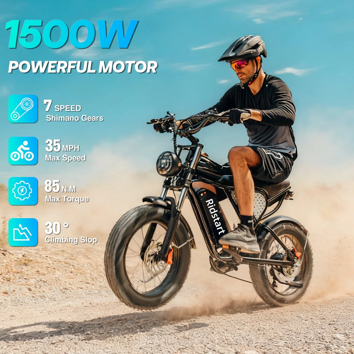 Ridstar Electric Bike for Adults 1500W 33MPH 48V 20AH 20" Fat Tire Dirt Bike Shimano 7-Speed E-Bike Commuter Ebike Motorcycle
