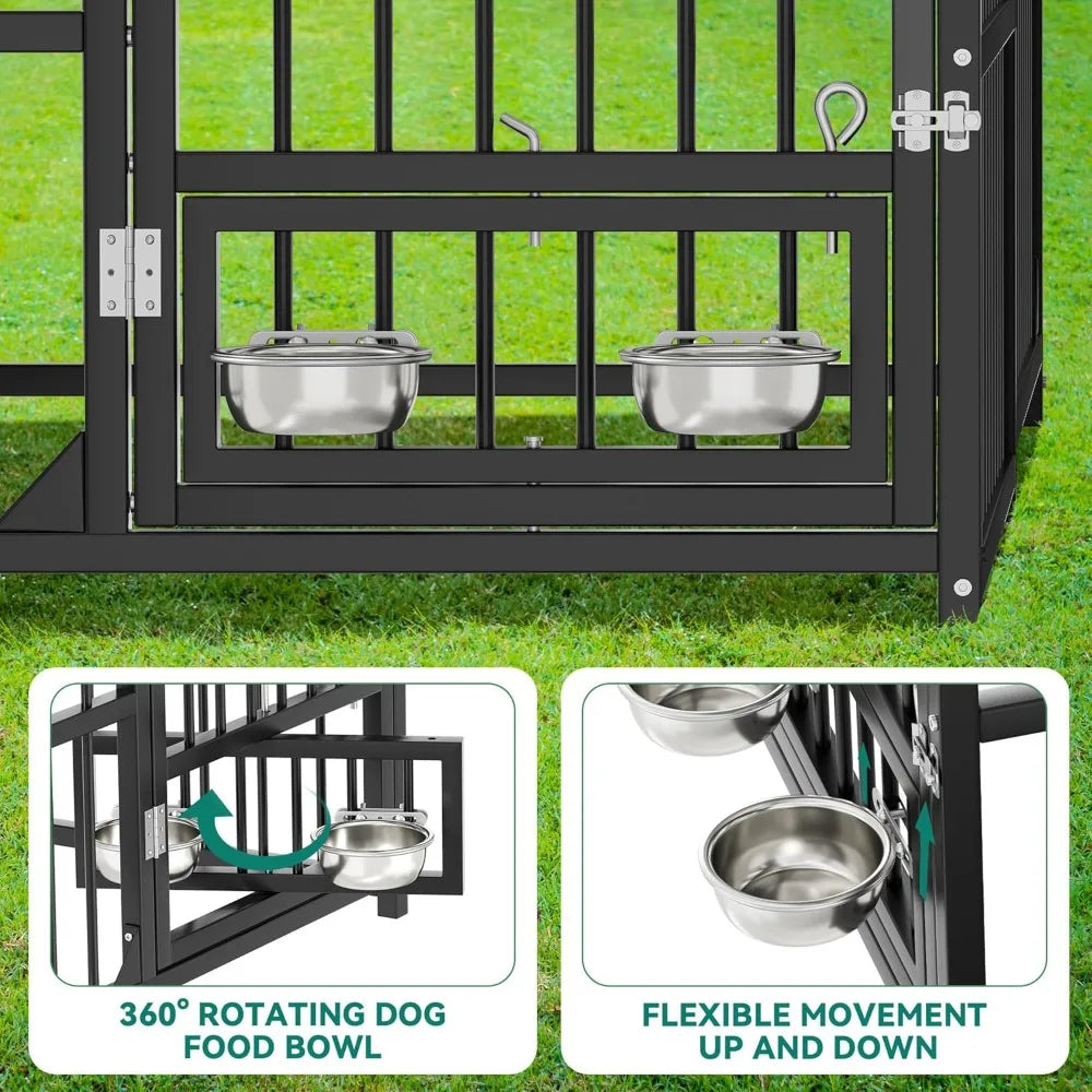 Outdoor Dog Kennel With Rotating Feeder Bowls Roof Heavy Duty Iron Cage 8ft L x 4ft W