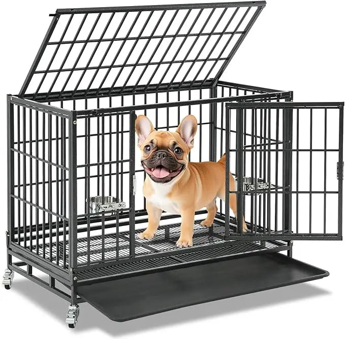 37 Inch Stackable Heavy Duty Dog Crate With Lockable Wheels And Removable Tray Escape Proof Cage For Dogs Indoor Use