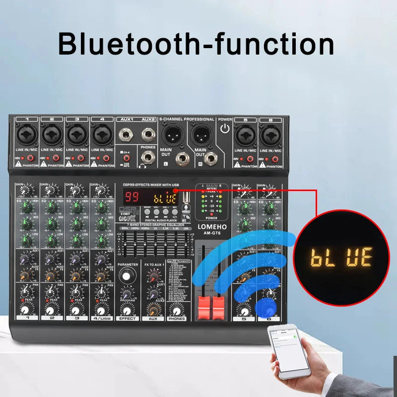 Lomeho 6 Channel Bluetooth Audio Mixer with 99 DSP Effects