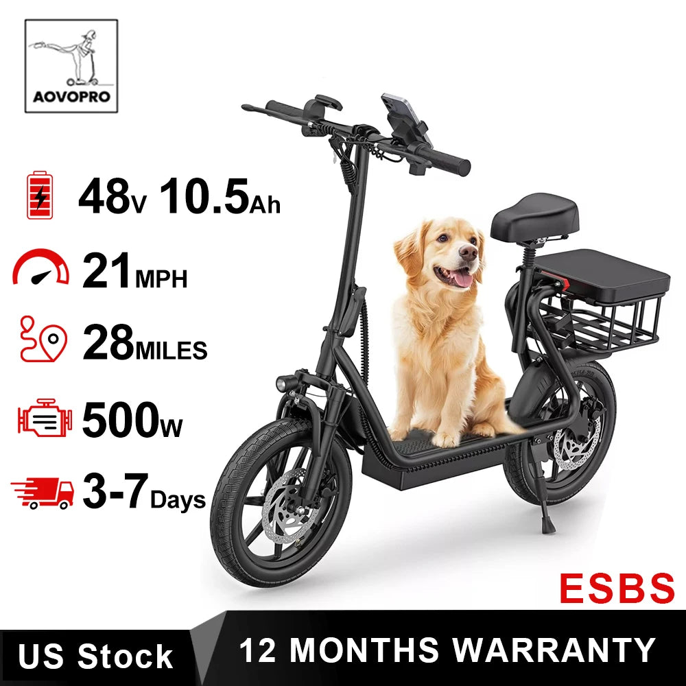 AOVOPRO ESBS 500W Foldable Electric Bike 14 Inch 10.4Ah