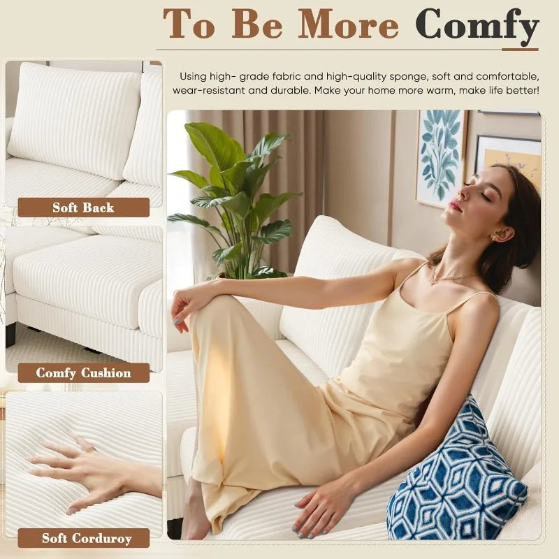 Cream Corduroy L Shaped Sofa With Convertible Chaise