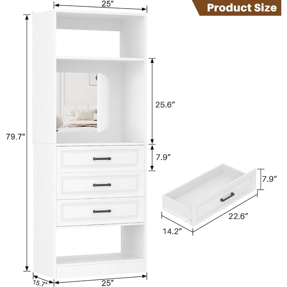 25 Inch Freestanding Closet System With 3 Drawers Mirror