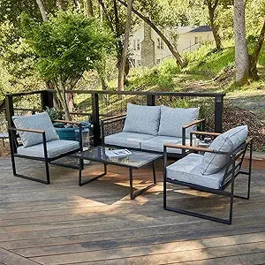 4 Piece Outdoor Patio Set With Sofa And Glass Table