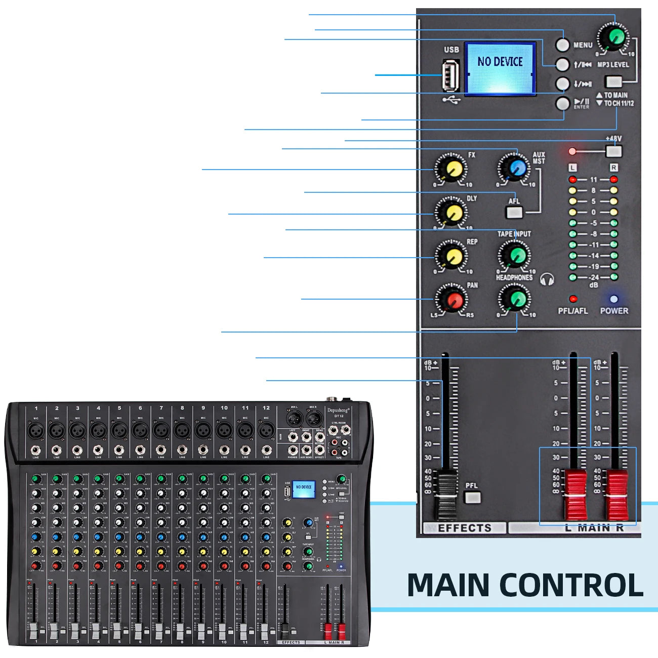 Depusheng DT12 Channel Bluetooth Audio Mixer for PC DJ