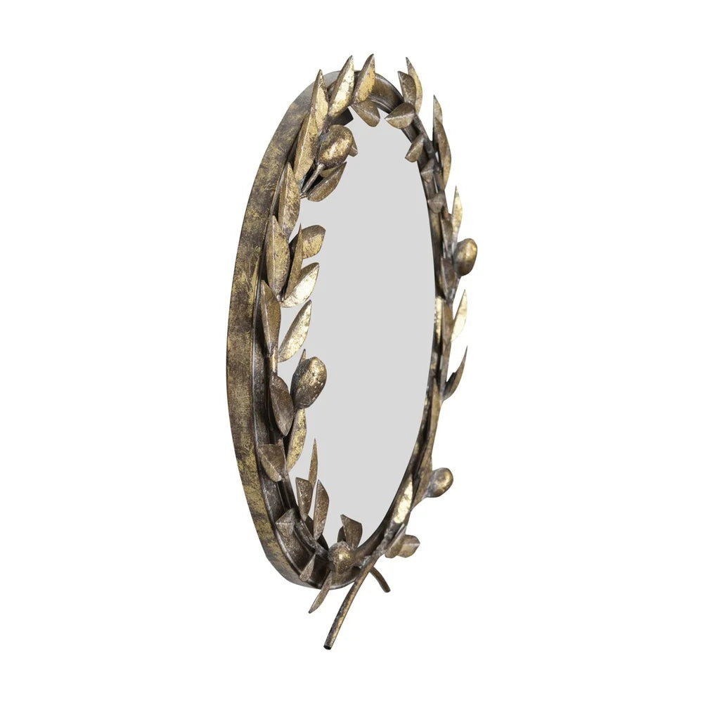 Round Metal Laurel Wreath Wall Mirror Gold Accent Decor