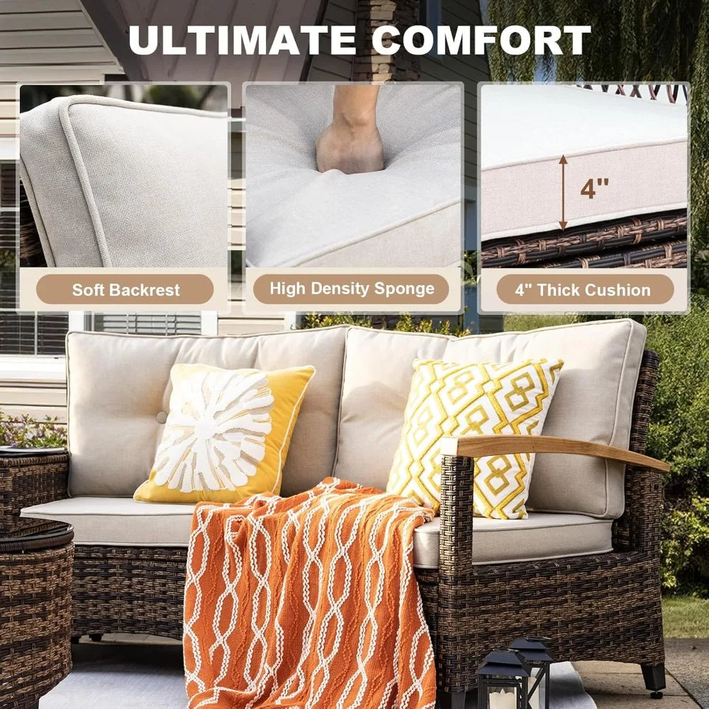 Half Moon Outdoor Patio Rattan Sofa Set With Wood Armrests