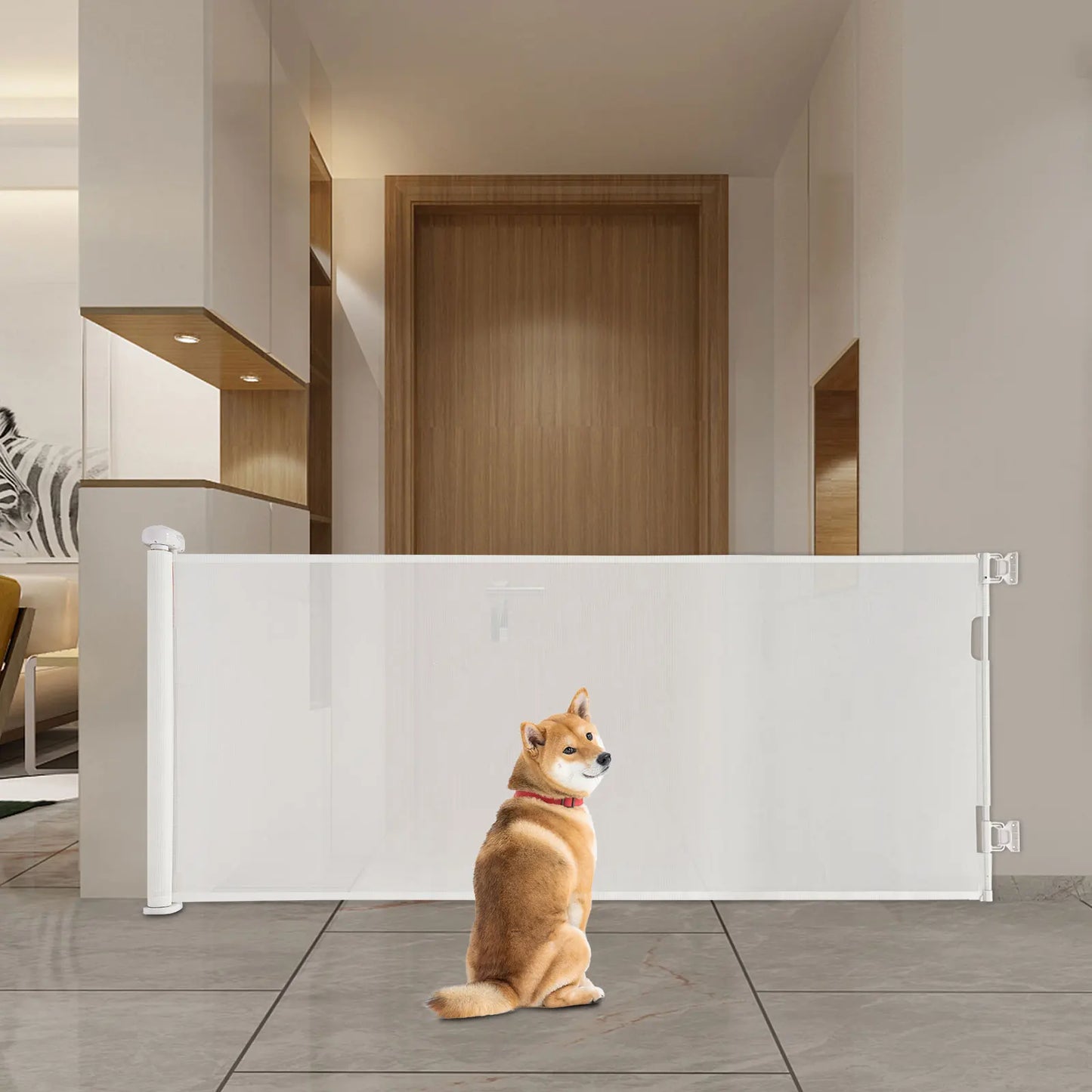 Adjustable White And Black Iron Pet Fence 40 To 300cm Indoor Safe Gate For Small To Medium Dogs 84cm Height 10 To 40lbs