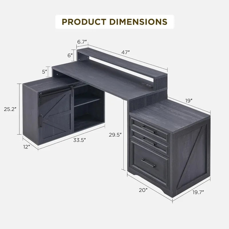 Modern Farmhouse Home Office Desk With File Cabinet 67 Inch