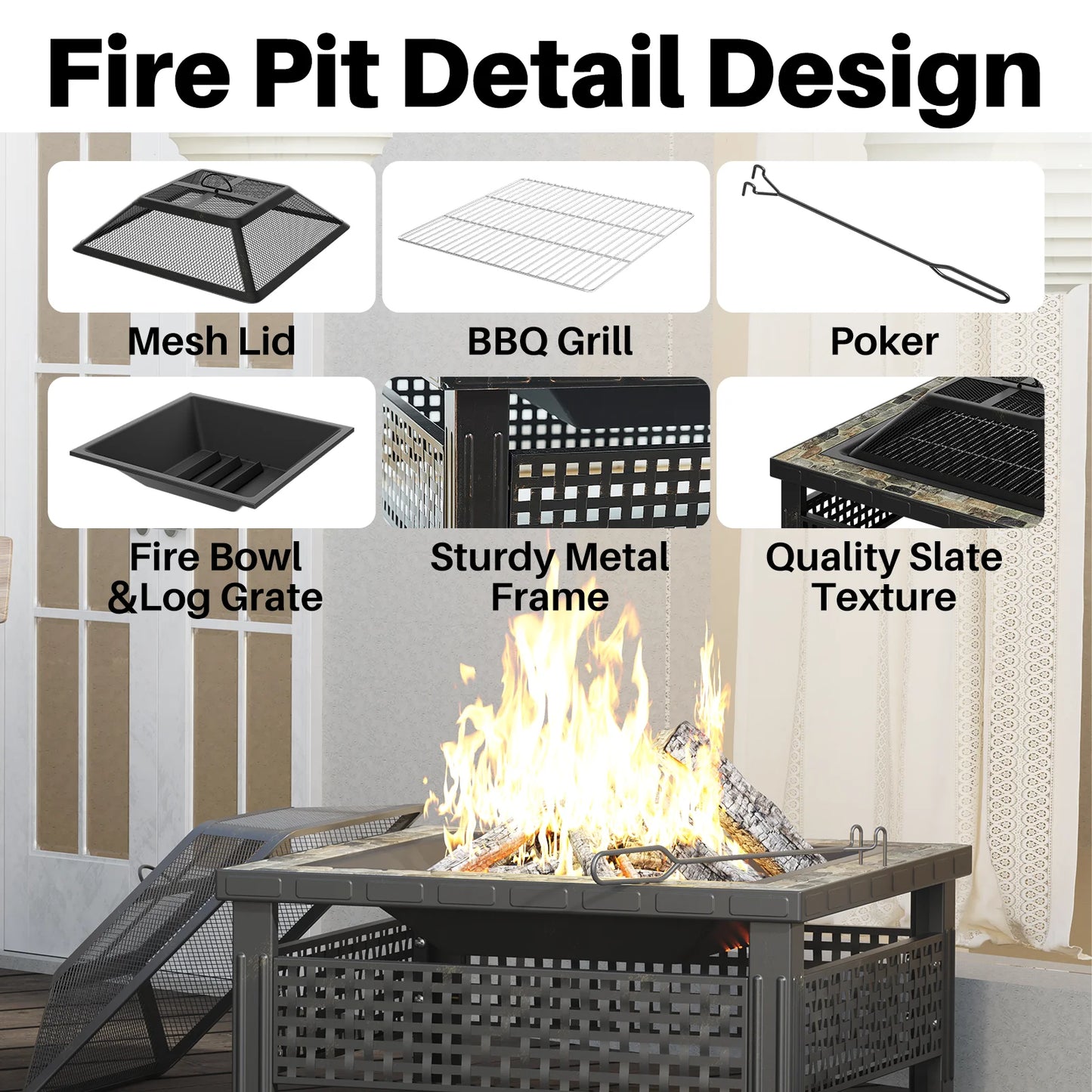 30 Inch Fire Pit Outdoor Table With Mesh Lid And Poker