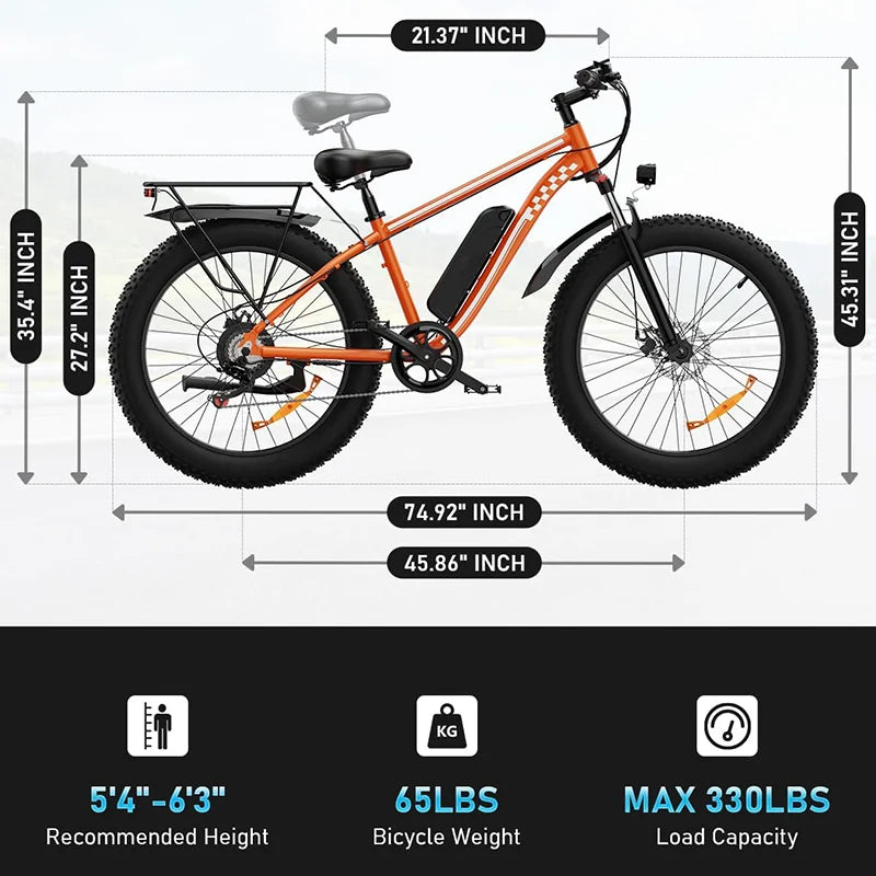 High Power 1000W Fat Tire Electric Bike With 48V Battery