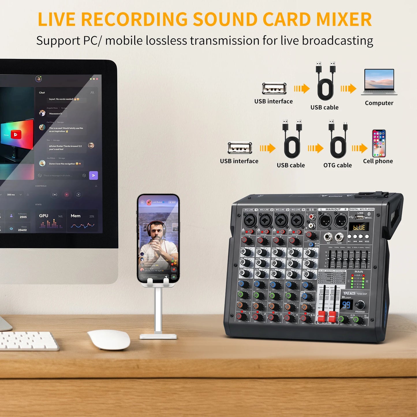 Tklbls TDS6 6-Channel Mixer with 99 Effects and USB