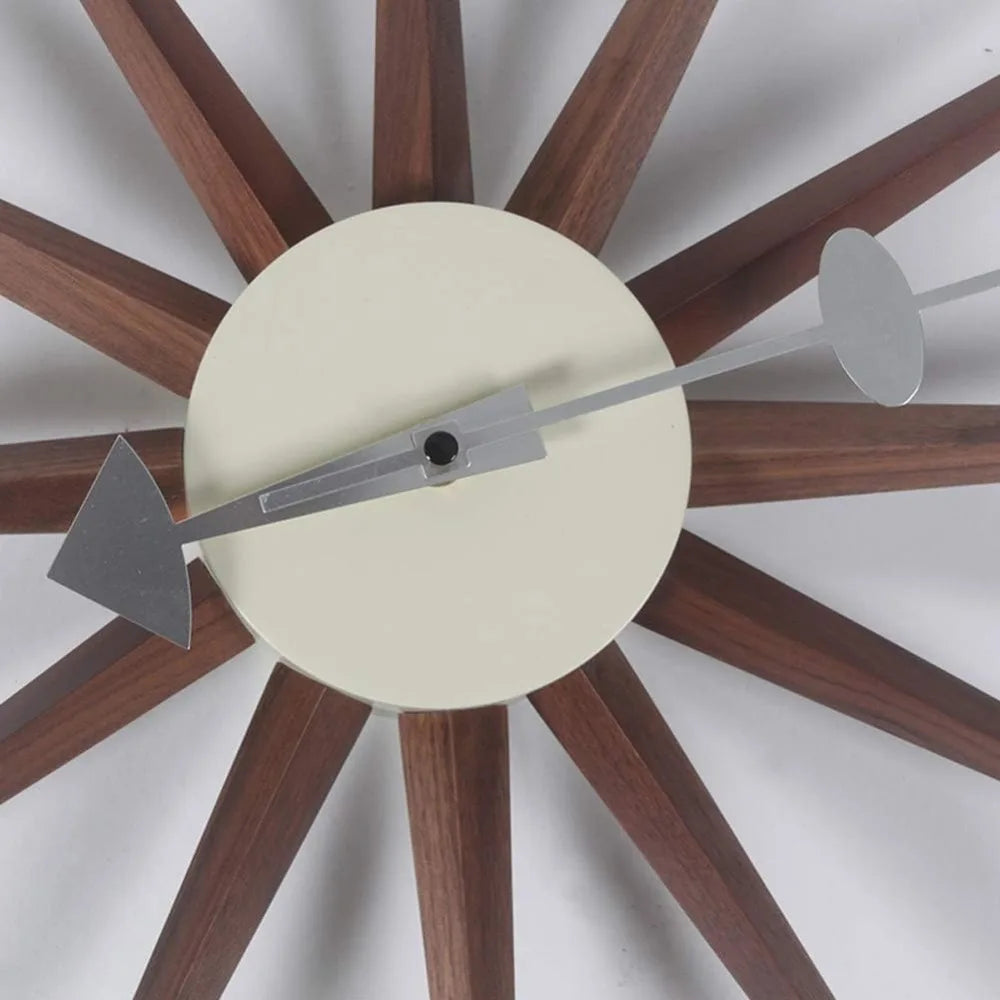 Mid Century Wood Sunburst Wall Clock Walnut Finish Silent Analog Decor For Home Office