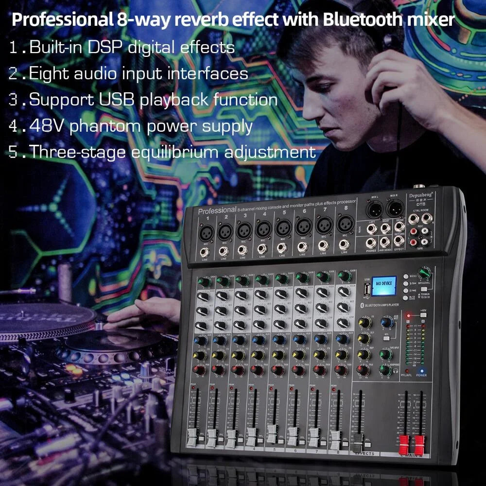Professional 8 Channel Audio Mixing Console With Bluetooth