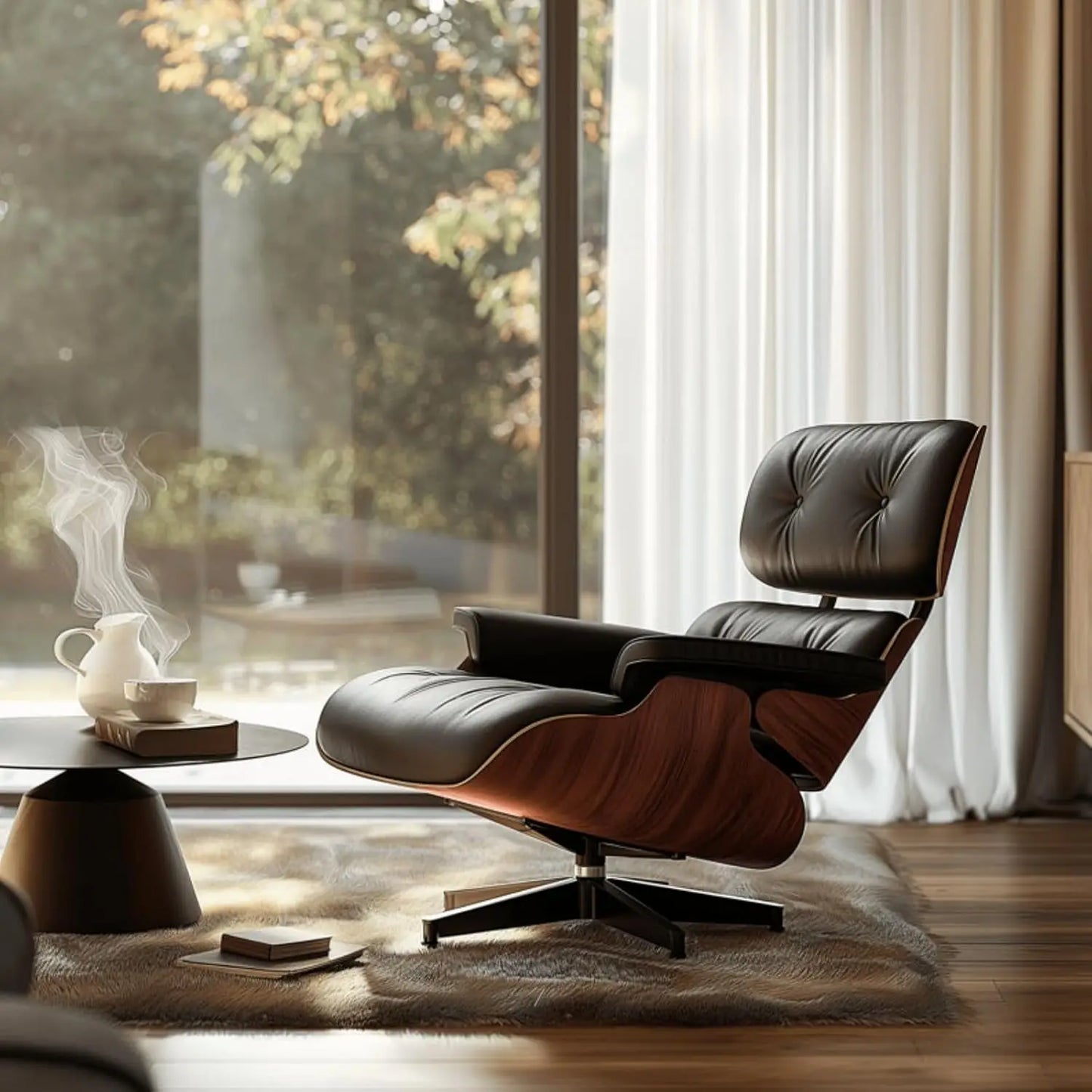 Mid Century Modern Leather Lounge Chair With Ottoman