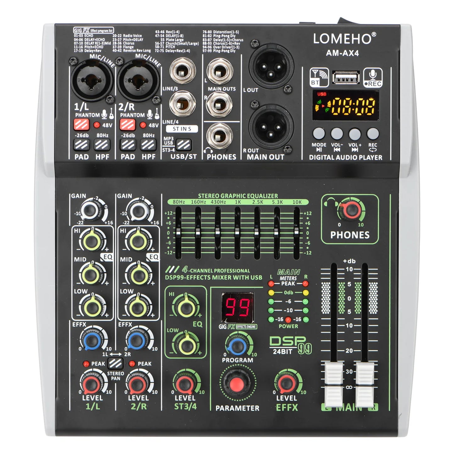 4/6 Channel Lomeho Audio DJ Mixer with Bluetooth and DSP Effects