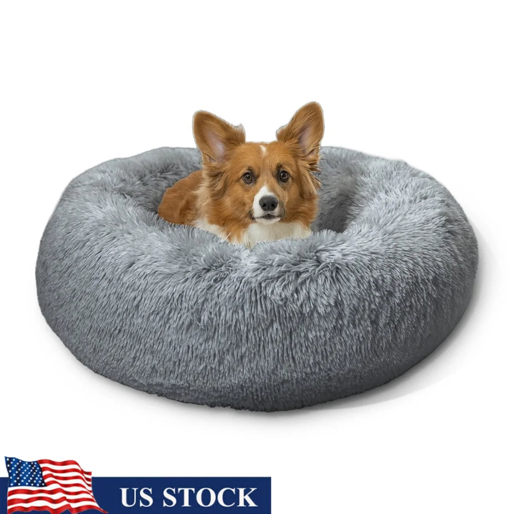 Soft Calming Donut Pet Bed Plush Fur Comfort Bolster Mattress For Small And Medium Dogs Or Cats Dirt Resistant Easy Wash