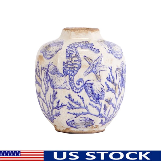 Nautical Multicolor Ceramic Urn Vase Coastal Home Decor