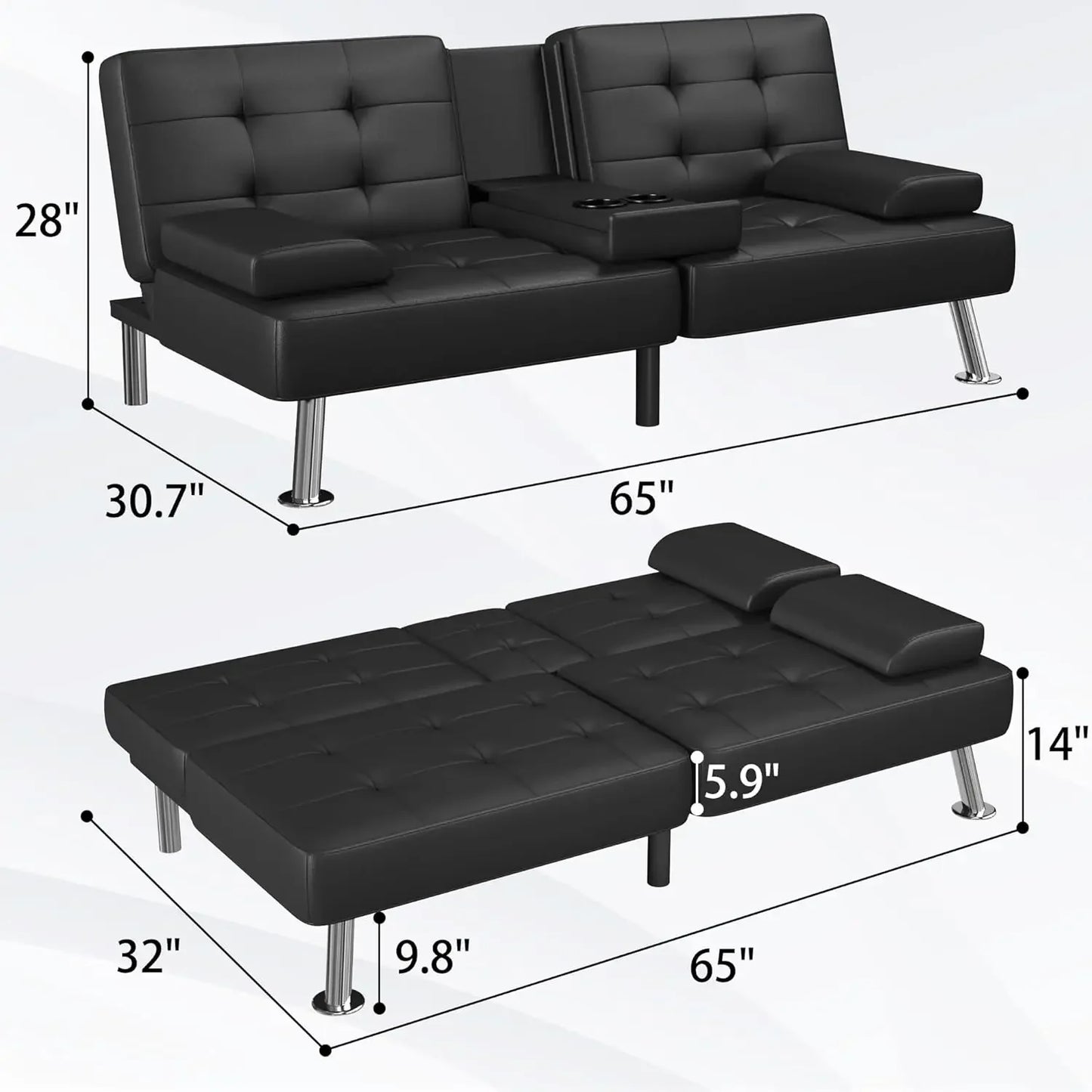 Modern Folding Futon Sofa Bed With Cup Holders Recliner