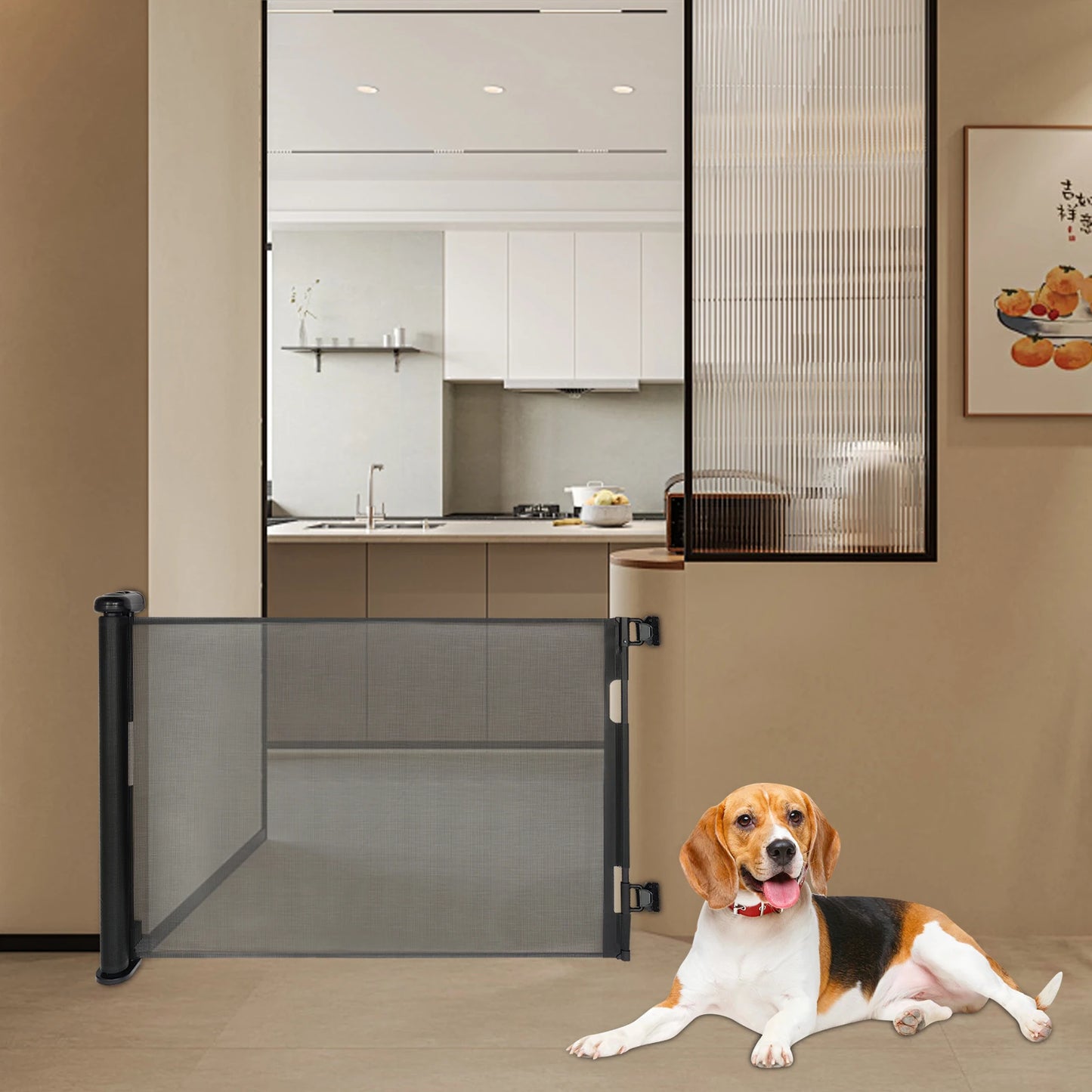 Adjustable White And Black Iron Pet Fence 40 To 300cm Indoor Safe Gate For Small To Medium Dogs 84cm Height 10 To 40lbs