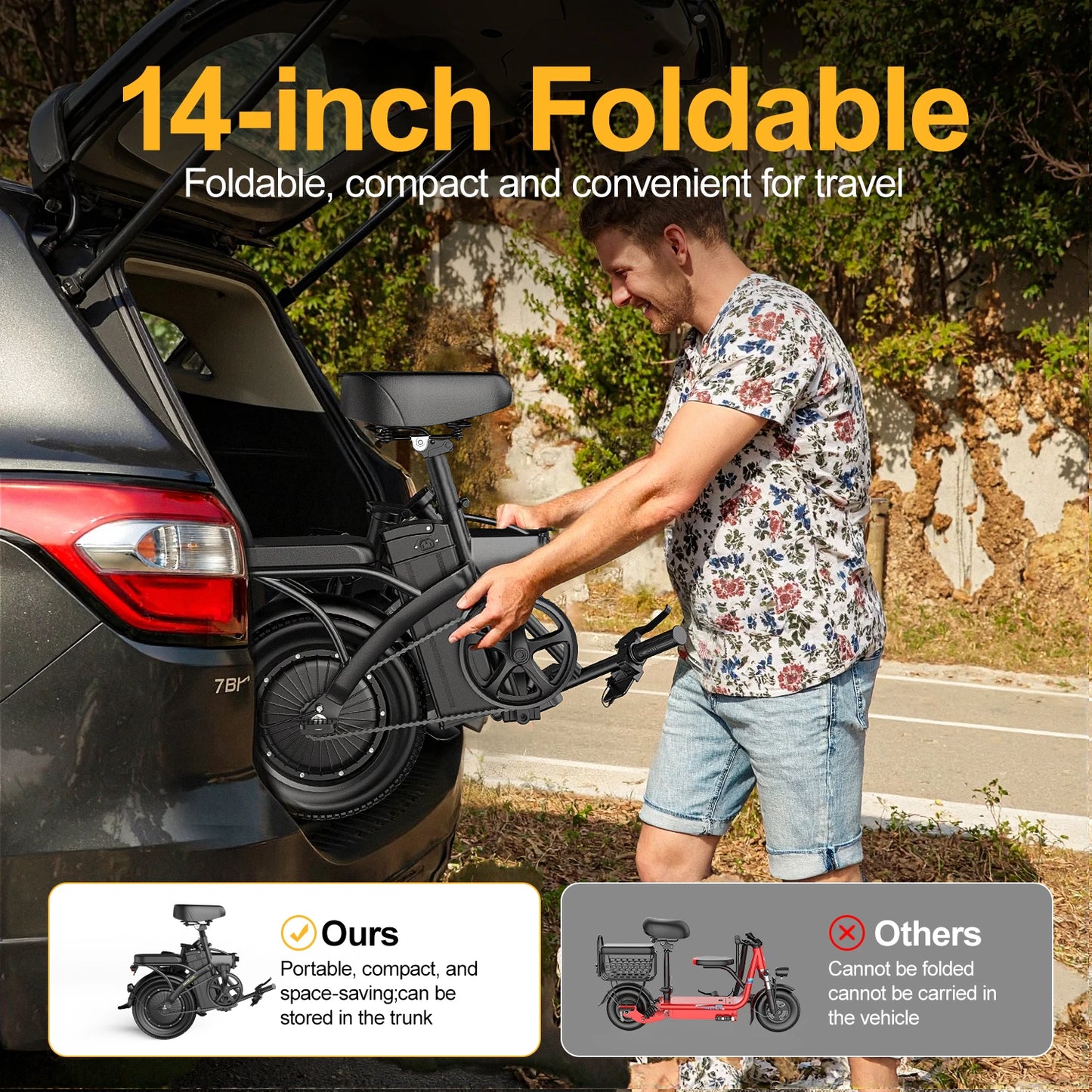 Folding 14 Inch Electric Mountain Bike 400W Peak Motor 48V 19.5 MPH For Adults