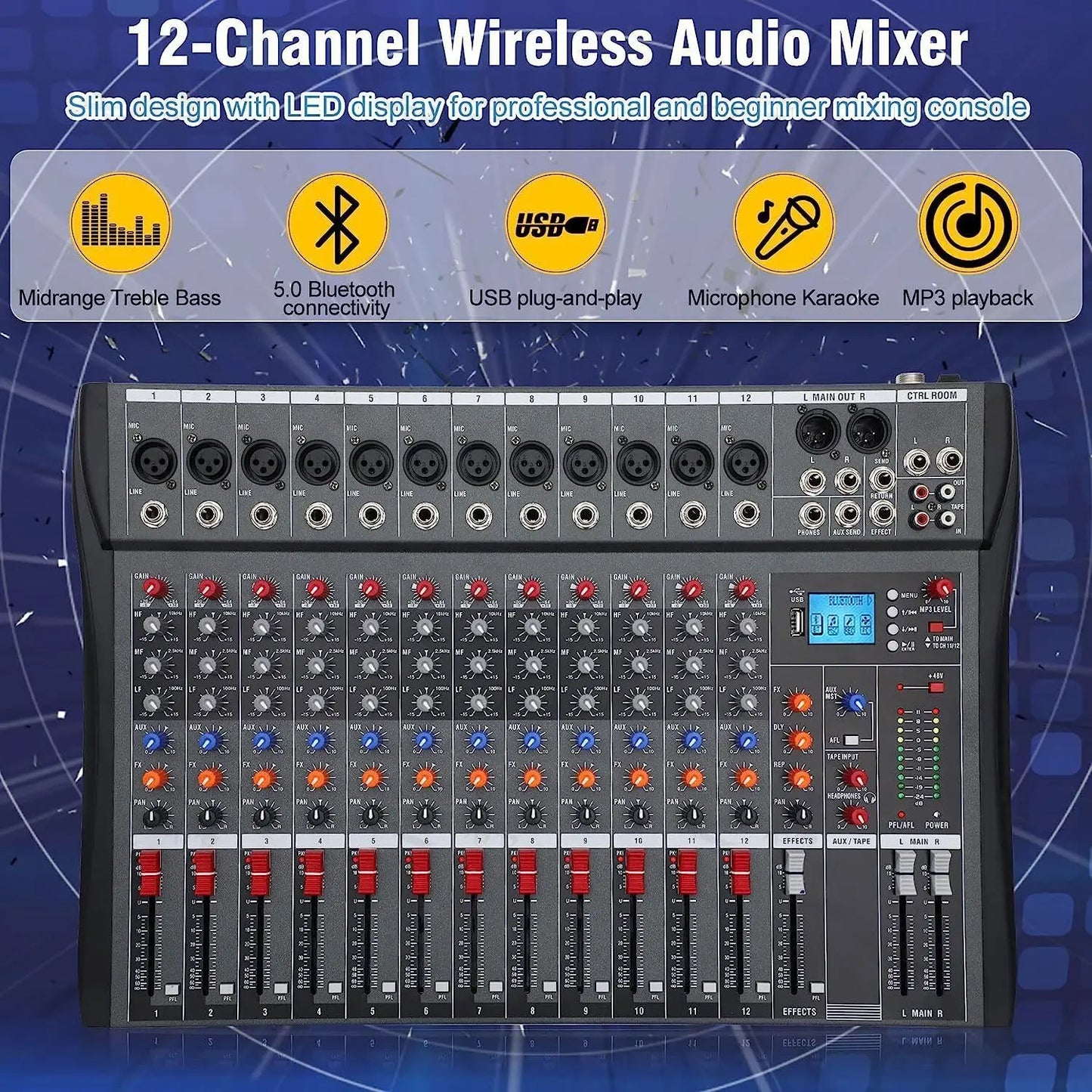 12 Channel Professional DJ Audio Mixer Console with USB