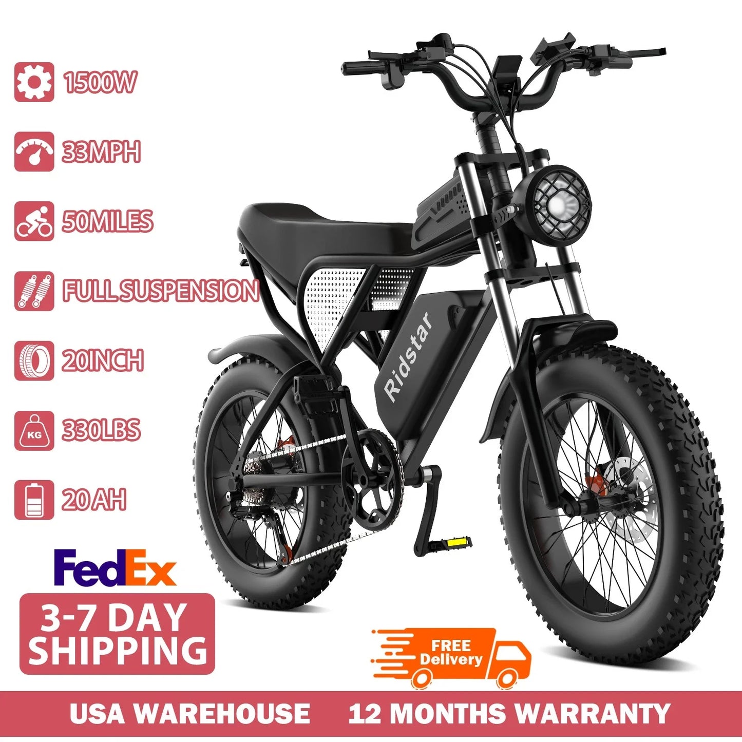 Ridstar Electric Bike for Adults 1500W 33MPH 48V 20AH 20" Fat Tire Dirt Bike Shimano 7-Speed E-Bike Commuter Ebike Motorcycle