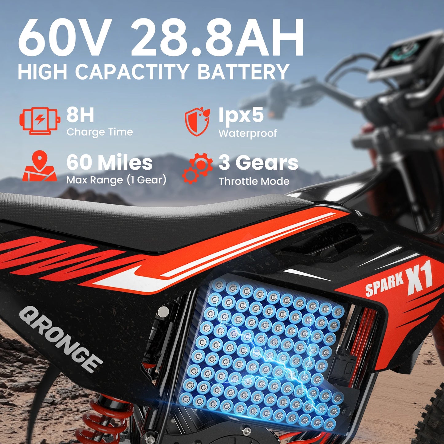 QRONGE X1 Spark Electric Dirt Bike 60 Mile Range 4500W