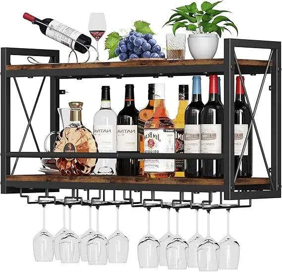 Rustic Wall Mounted Wine Rack With Bottle And Glass Storage