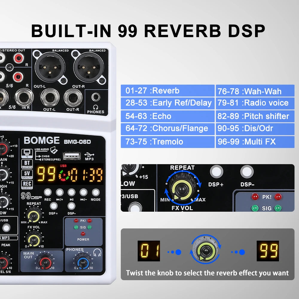 BOMGE Wireless 6 Channel Audio Mixer USB Sound Card