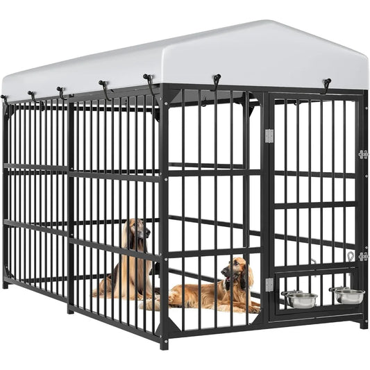 Outdoor Dog Kennel With Rotating Feeder Bowls Roof Heavy Duty Iron Cage 8ft L x 4ft W