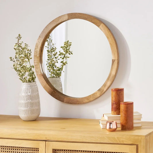 Modern Round Mirror Mango Wood Frame Handcrafted Wall Decor