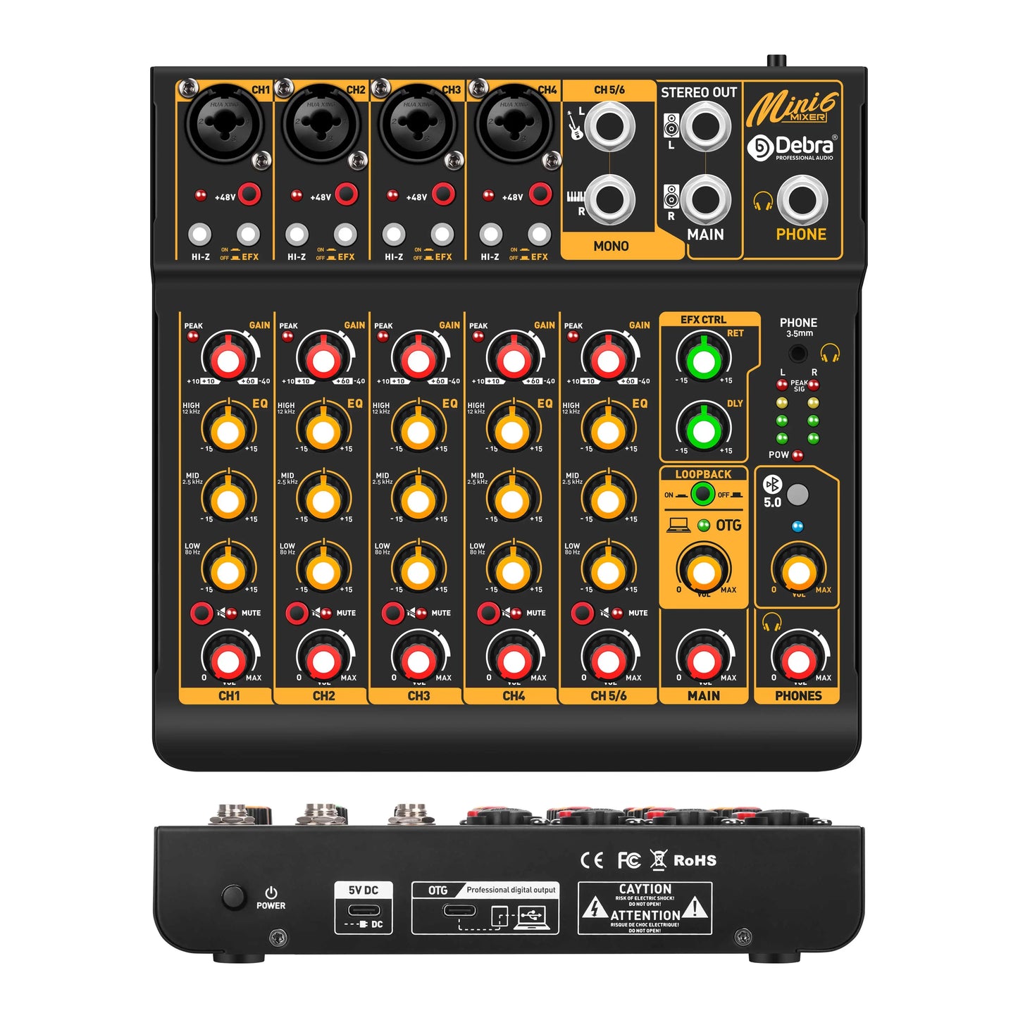 Mini 6 Bluetooth 6-Channel DJ Mixer with Reverb Sound Card