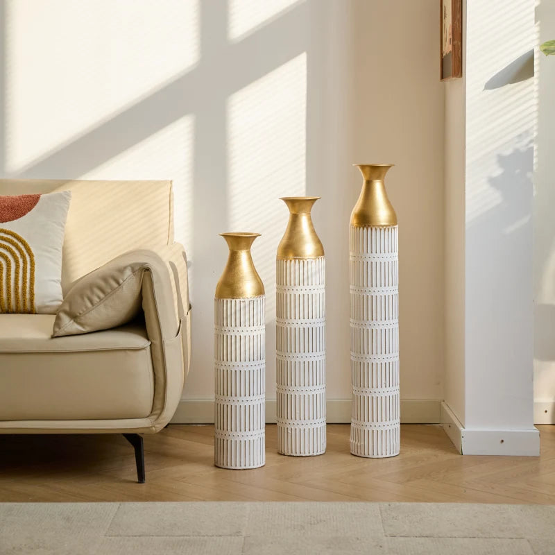 White Metal Floor Vase Set Of 3 Modern Glazed Decor
