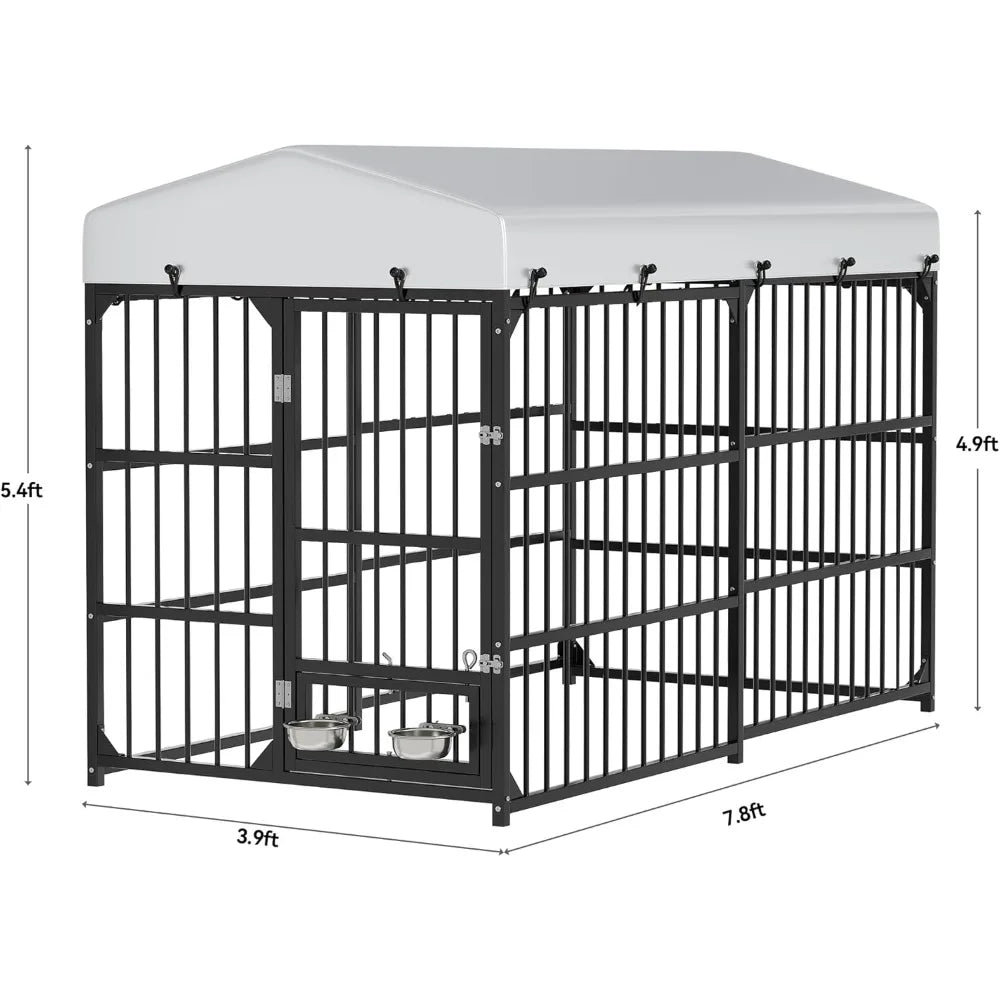 Outdoor Dog Kennel With Rotating Feeder Bowls Roof Heavy Duty Iron Cage 8ft L x 4ft W