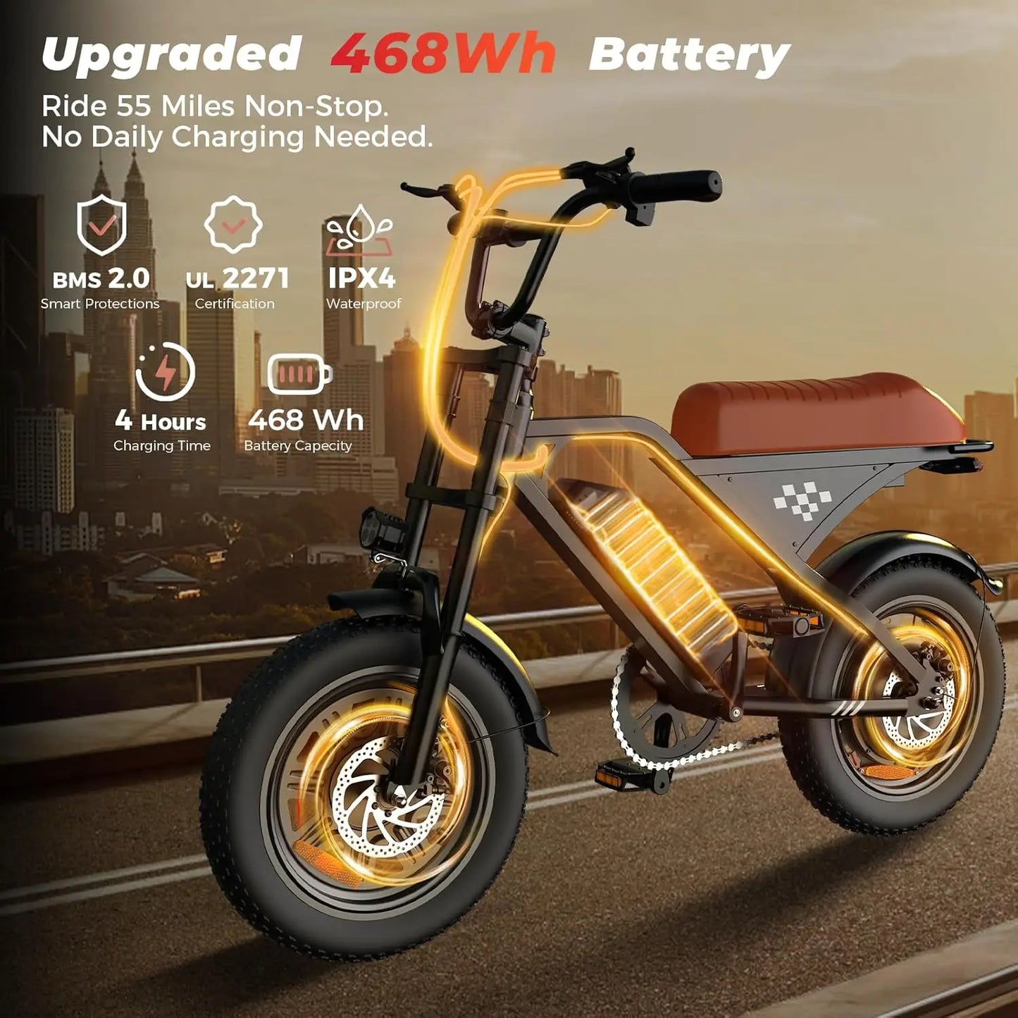 Rideplux EB5 16in Off Road Fat Tire Electric Bike For Adults 20 Mph 55 Miles