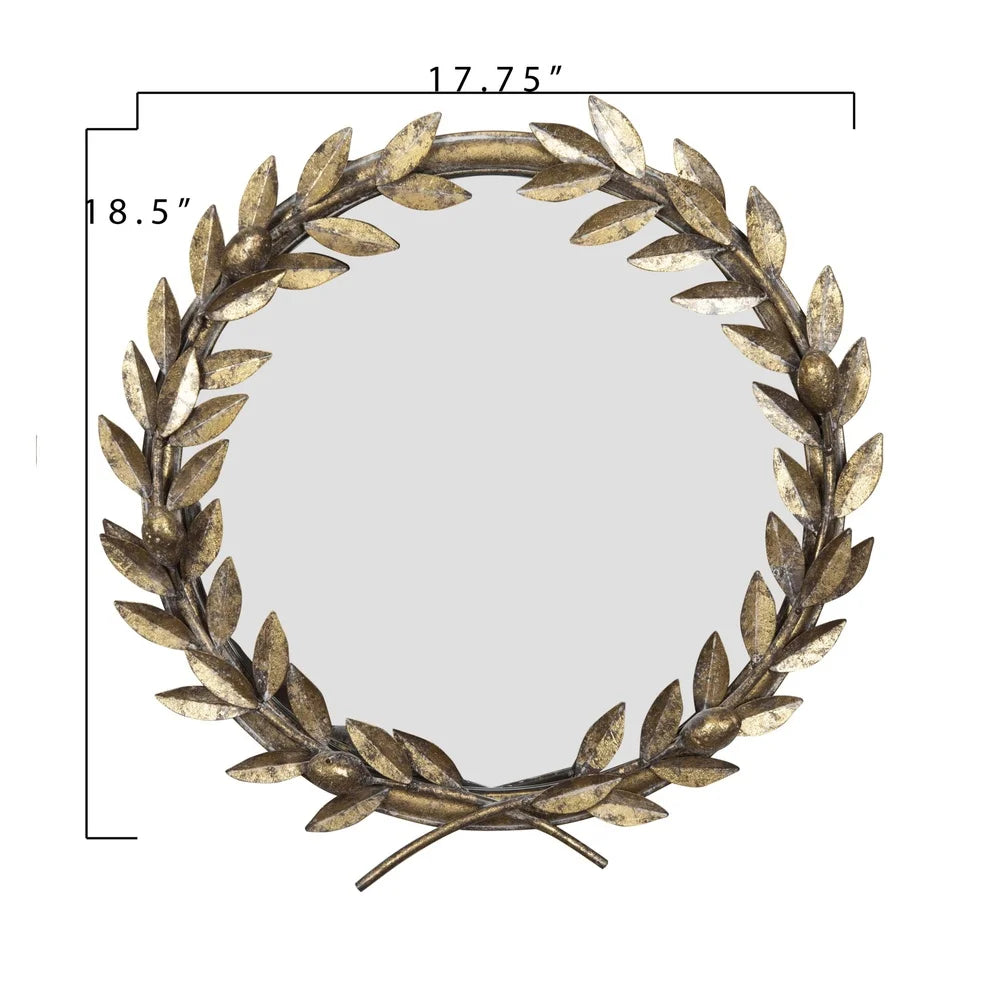 Round Metal Laurel Wreath Wall Mirror Gold Accent Decor