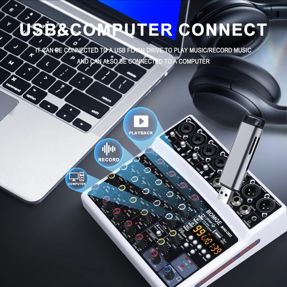 BOMGE Wireless 6 Channel Audio Mixer USB Sound Card