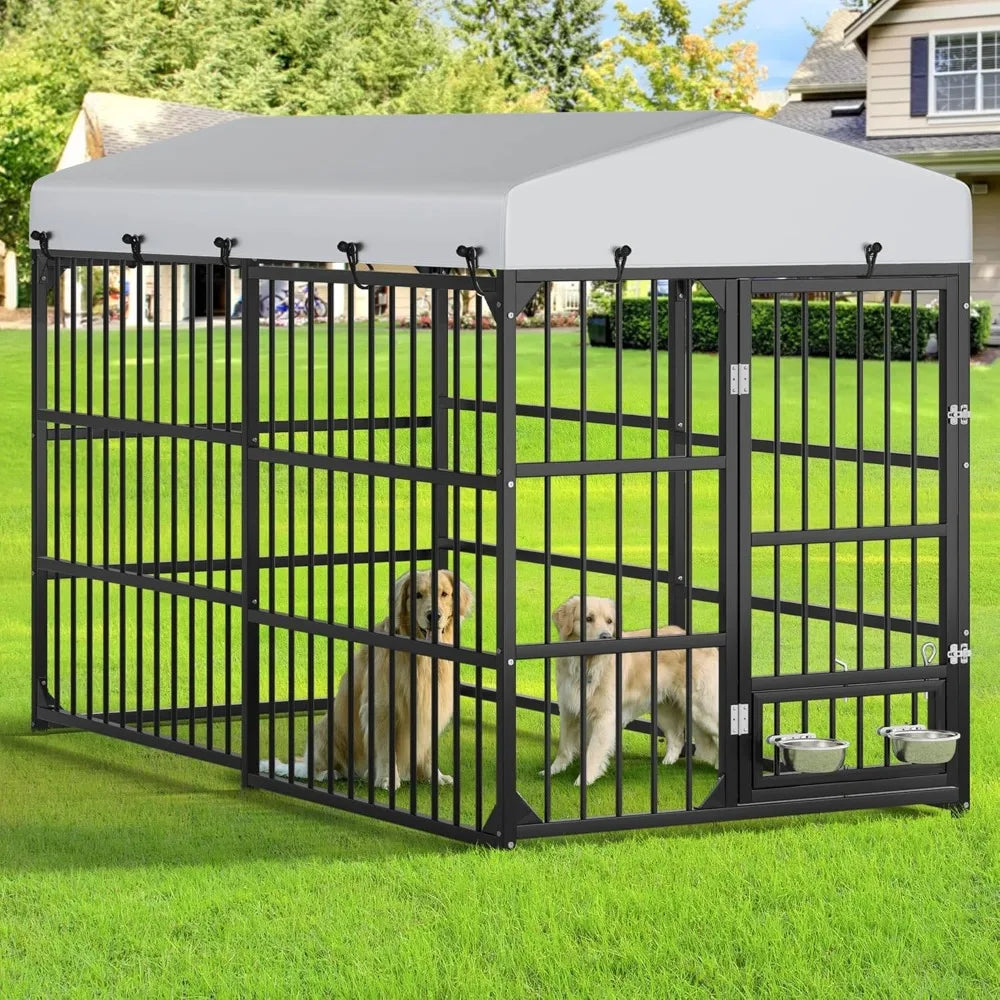 Outdoor Dog Kennel With Rotating Feeder Bowls Roof Heavy Duty Iron Cage 8ft L x 4ft W