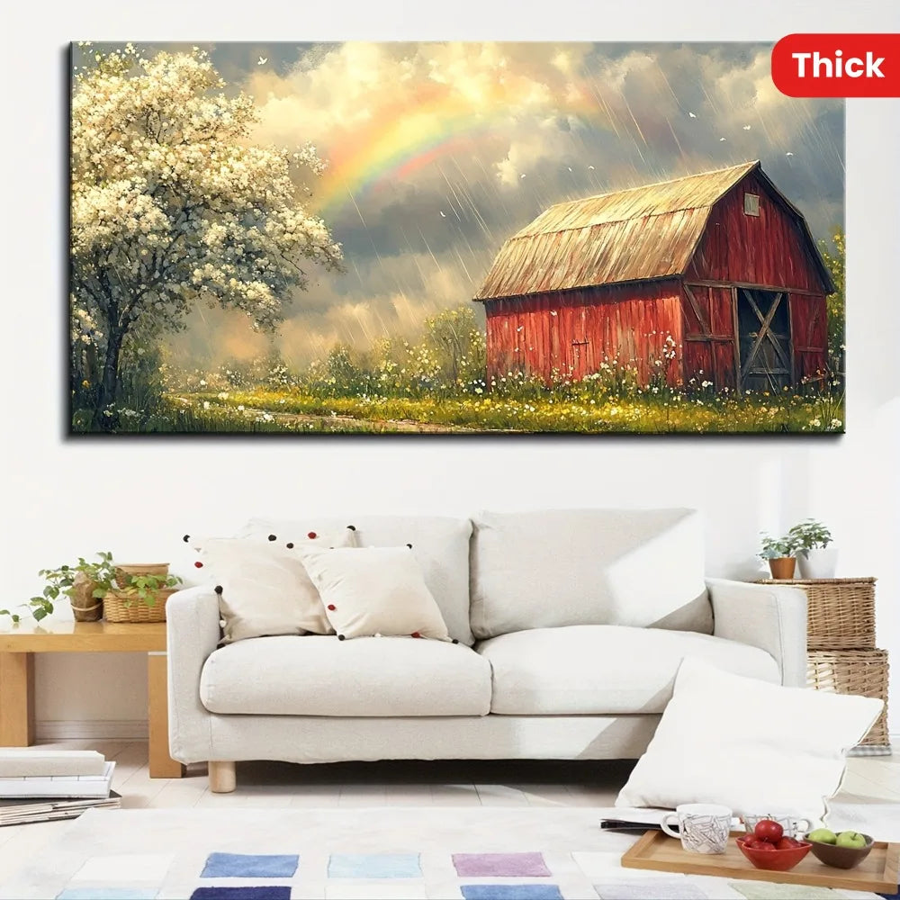 1.5 Inch Thick Pine Frame Red Barn Canvas Mural Country Landscape Poster For Kitchen Living Room Bedroom Decor