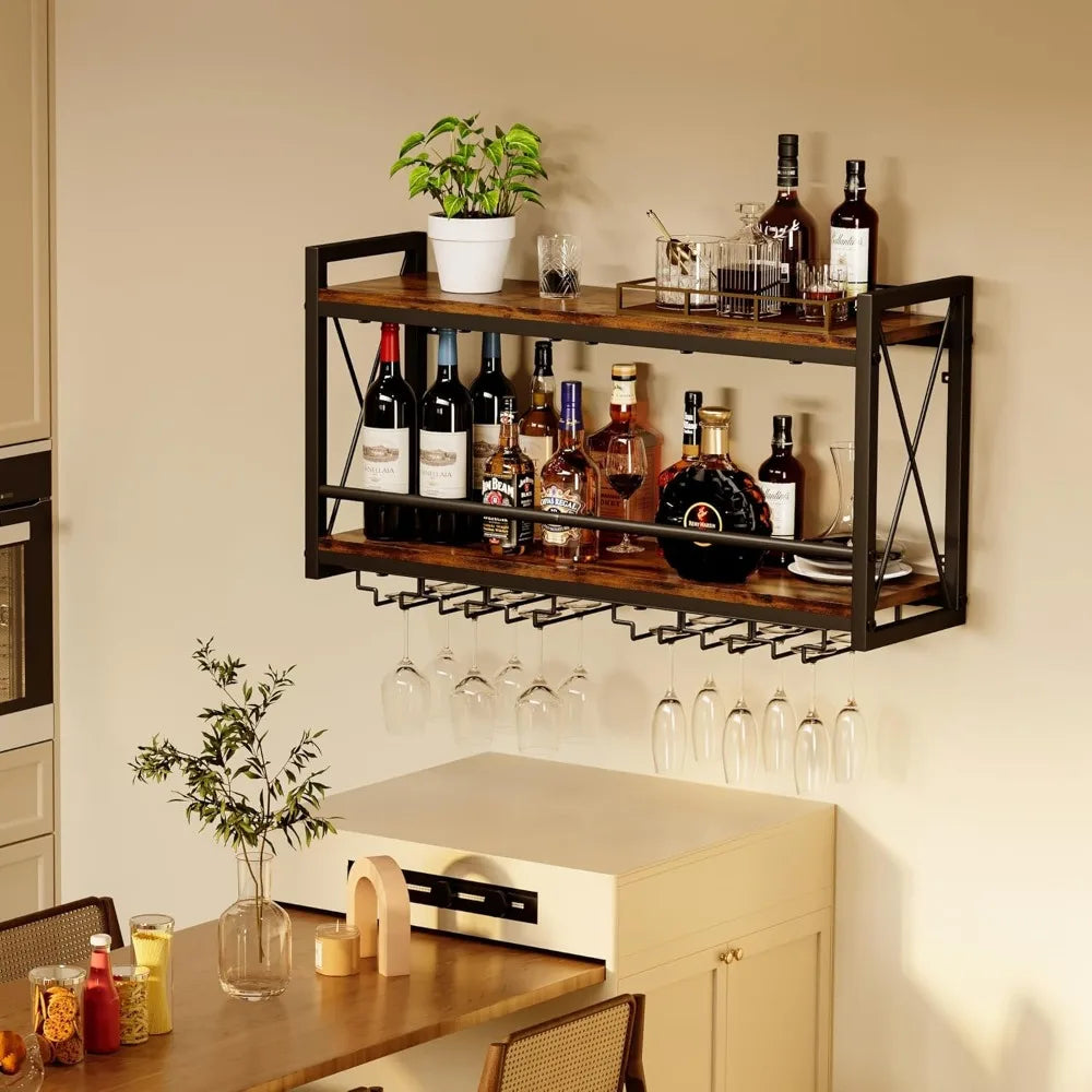 Rustic Wall Mounted Wine Rack With Bottle And Glass Storage