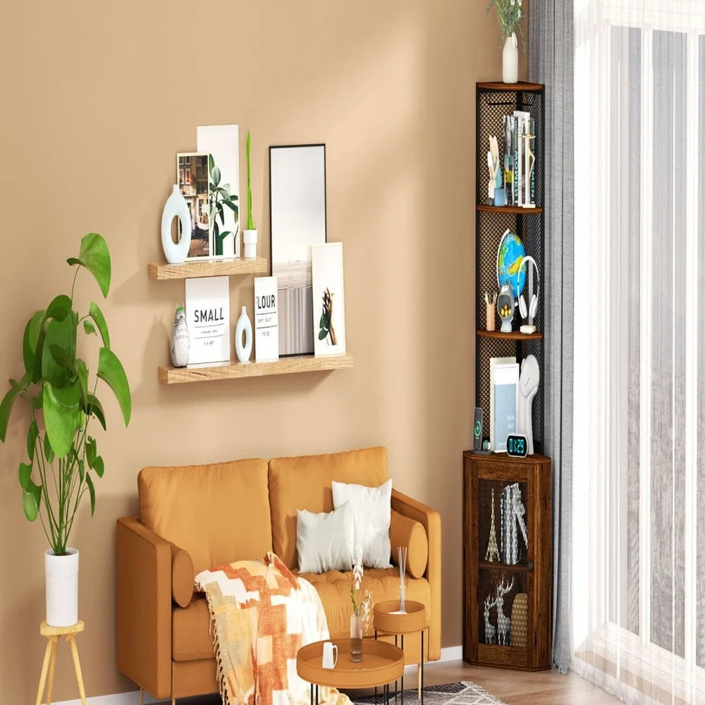 65 Inch Corner Cabinet With Doors 6 Tier Storage Wine Glass