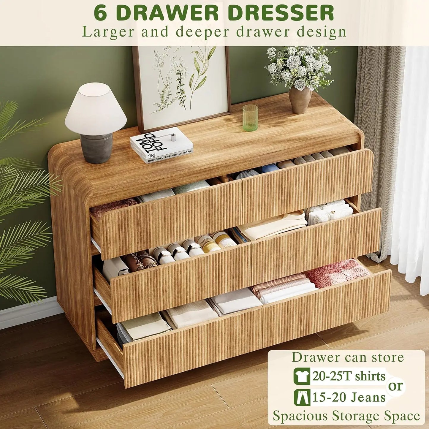 Modern Curved 6 Drawer Dresser 48W Wood Chest Bedroom