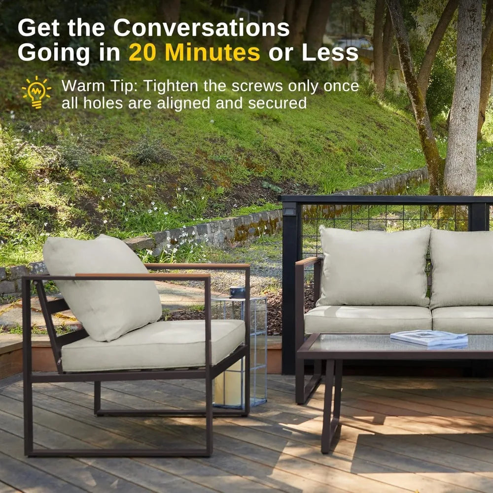 4 Piece Outdoor Patio Set With Sofa And Glass Table