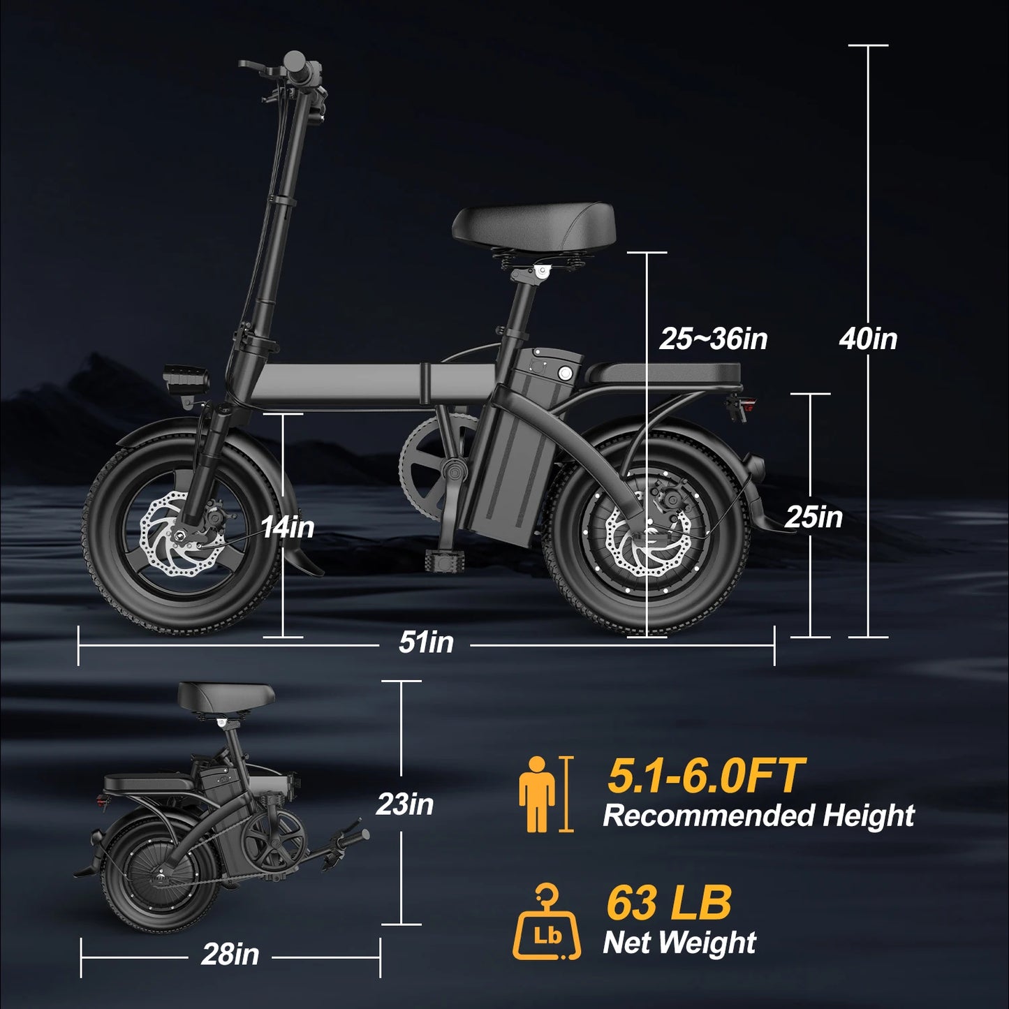 Folding 14 Inch Electric Mountain Bike 400W Peak Motor 48V 19.5 MPH For Adults