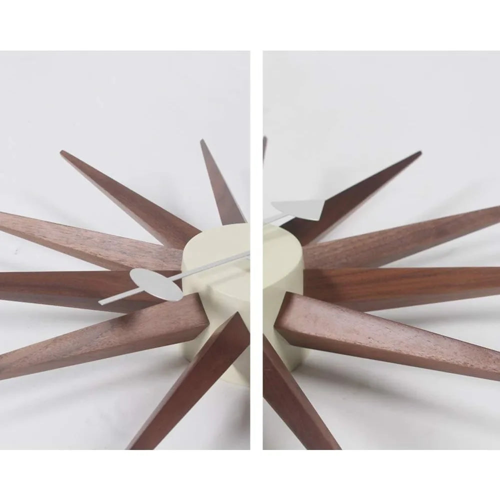Mid Century Wood Sunburst Wall Clock Walnut Finish Silent Analog Decor For Home Office