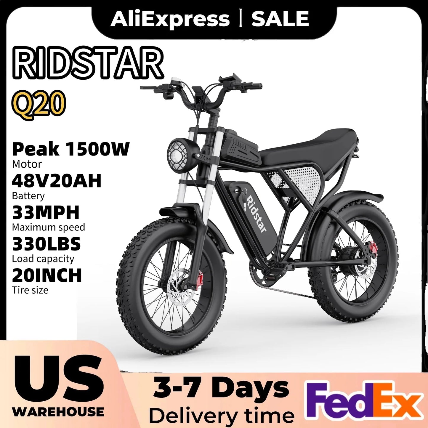 Ridstar Electric Bike for Adults 1500W 33MPH 48V 20AH 20" Fat Tire Dirt Bike Shimano 7-Speed E-Bike Commuter Ebike Motorcycle