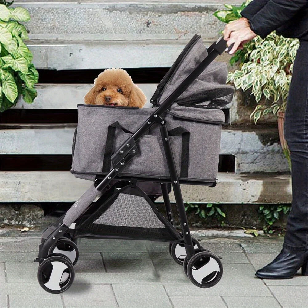 XXL Foldable Pet Stroller For Dogs Travel Jogger Pushchair With Storage Basket Grey 600D Linen
