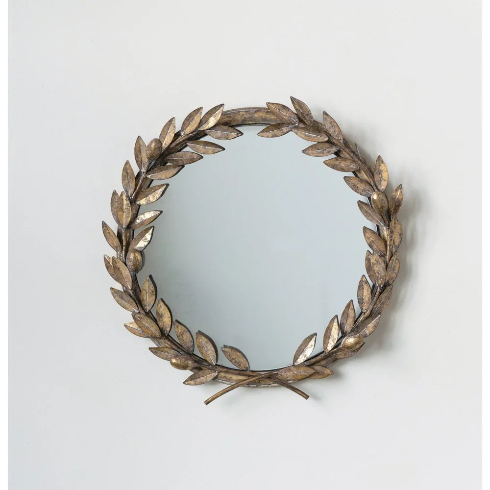 Round Metal Laurel Wreath Wall Mirror Gold Accent Decor